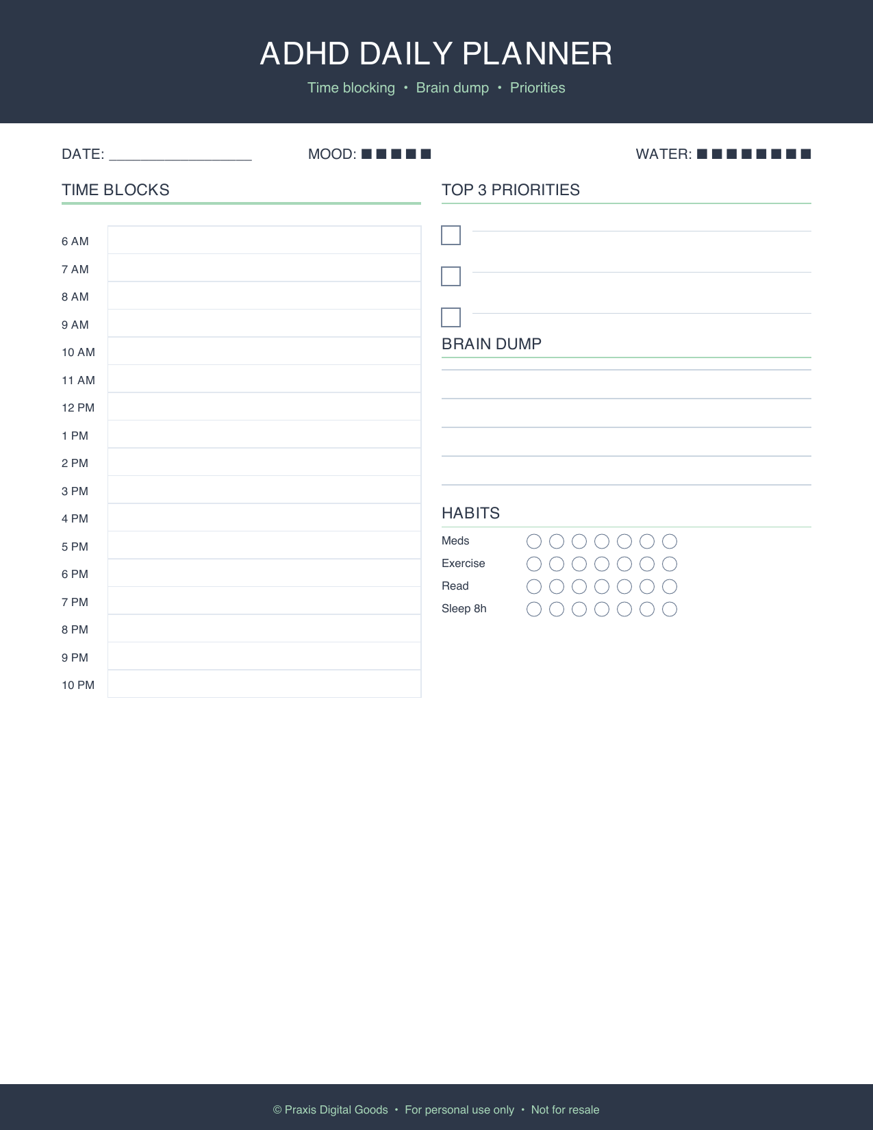 ADHD Daily Planner Printable with Time Blocking