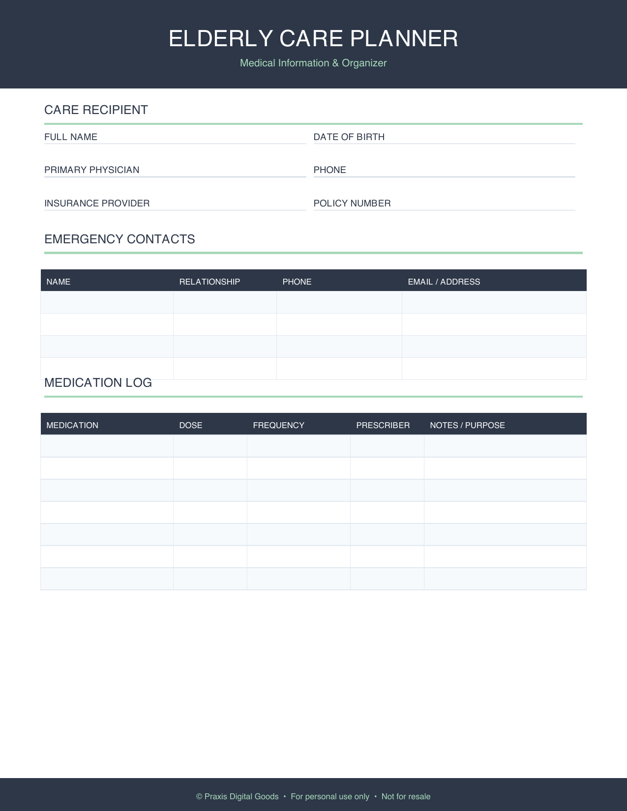 Elderly Care Planner Printable Medical Organizer