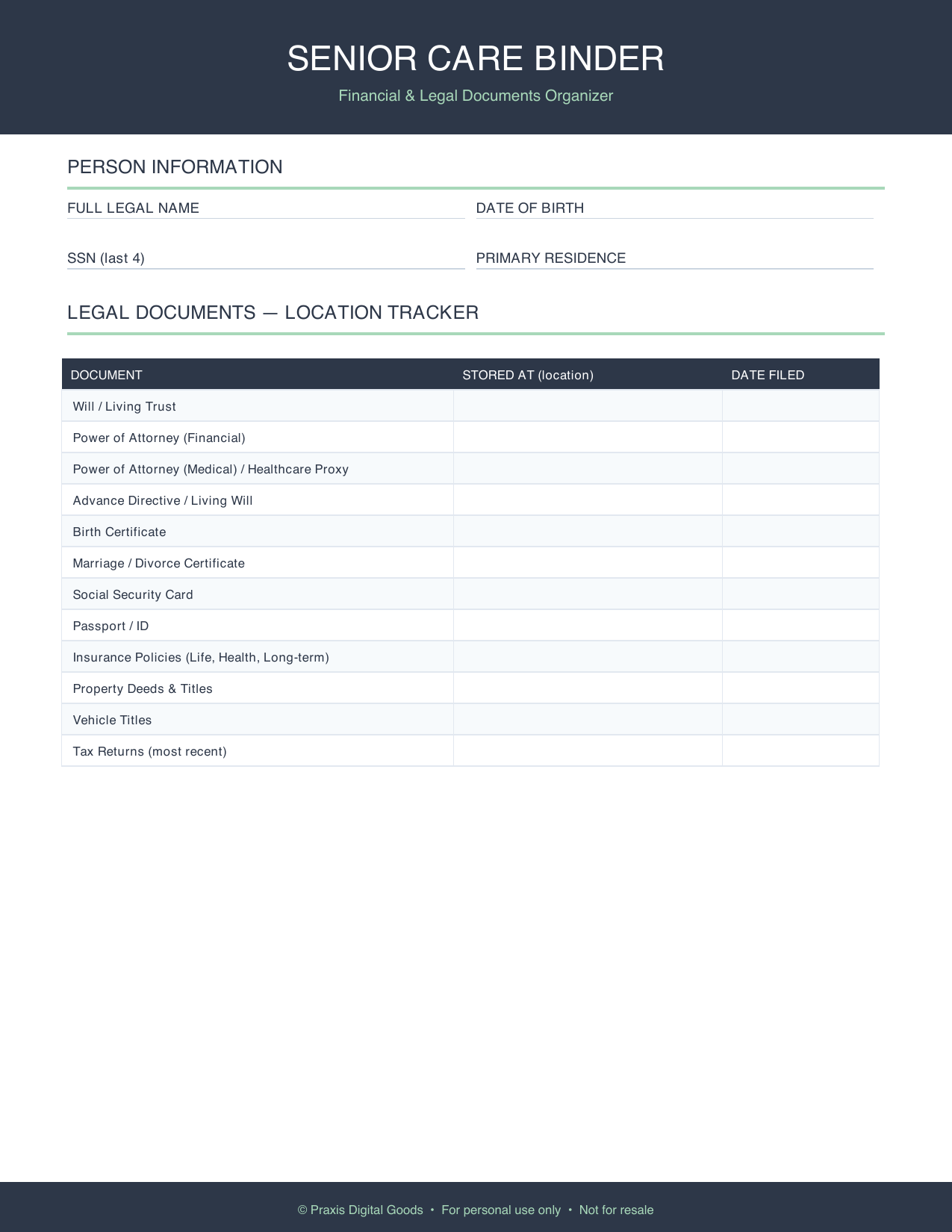 Printable Senior Care Binder Financial Legal Documents