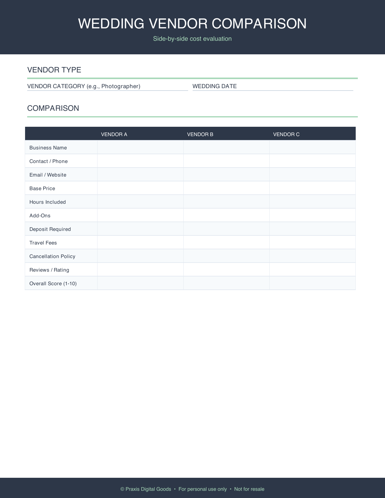 Wedding Vendor Cost Comparison Printable Spreadsheet