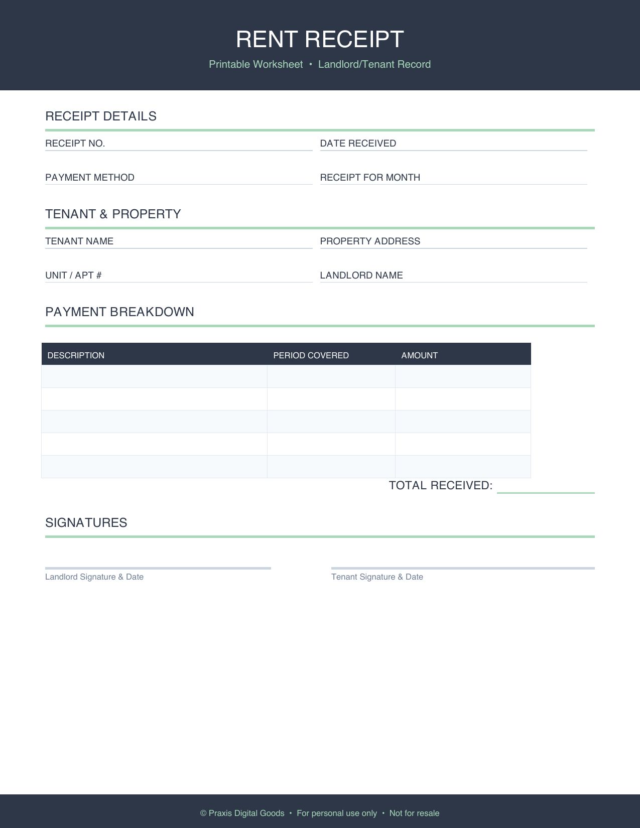 Professional Rent Receipt Template Printable Bundle