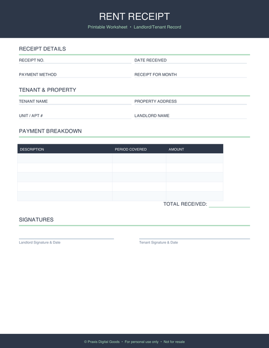 Professional Rent Receipt Template Printable Bundle
