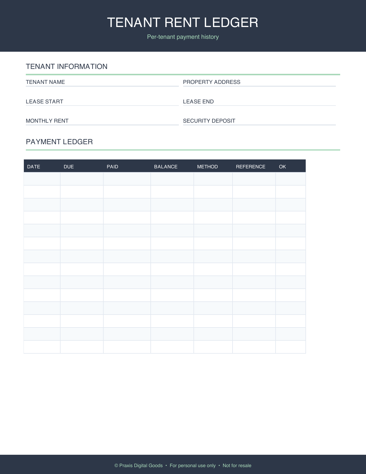 Tenant Rent Payment Tracker Printable Ledger