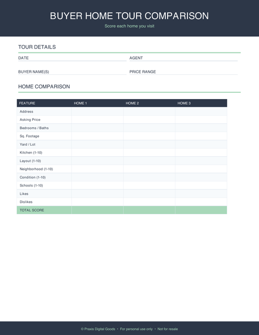 Buyer Home Tour Comparison Worksheet Template