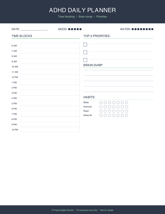 ADHD Daily Planner Printable with Time Blocking