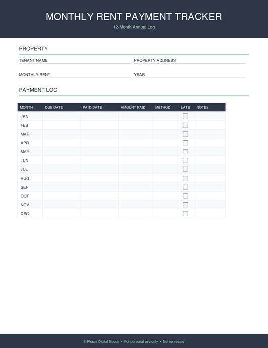 Monthly Rent Payment Tracker Printable Planner