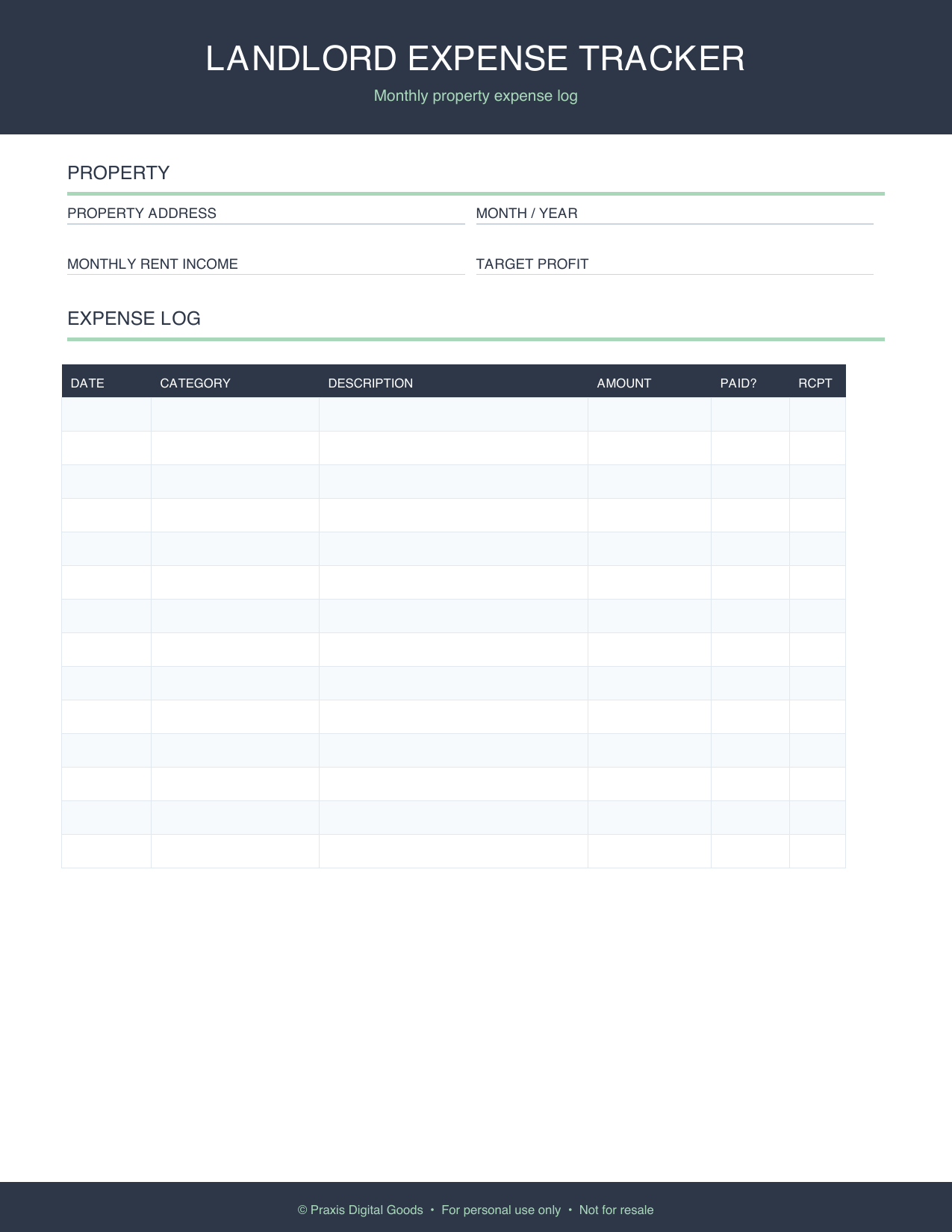 Landlord Expense Tracker Printable Budget Planner