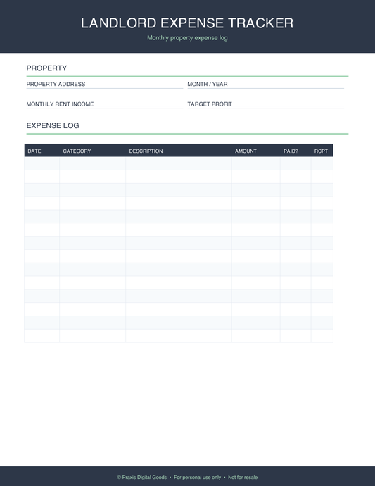 Landlord Expense Tracker Printable Budget Planner