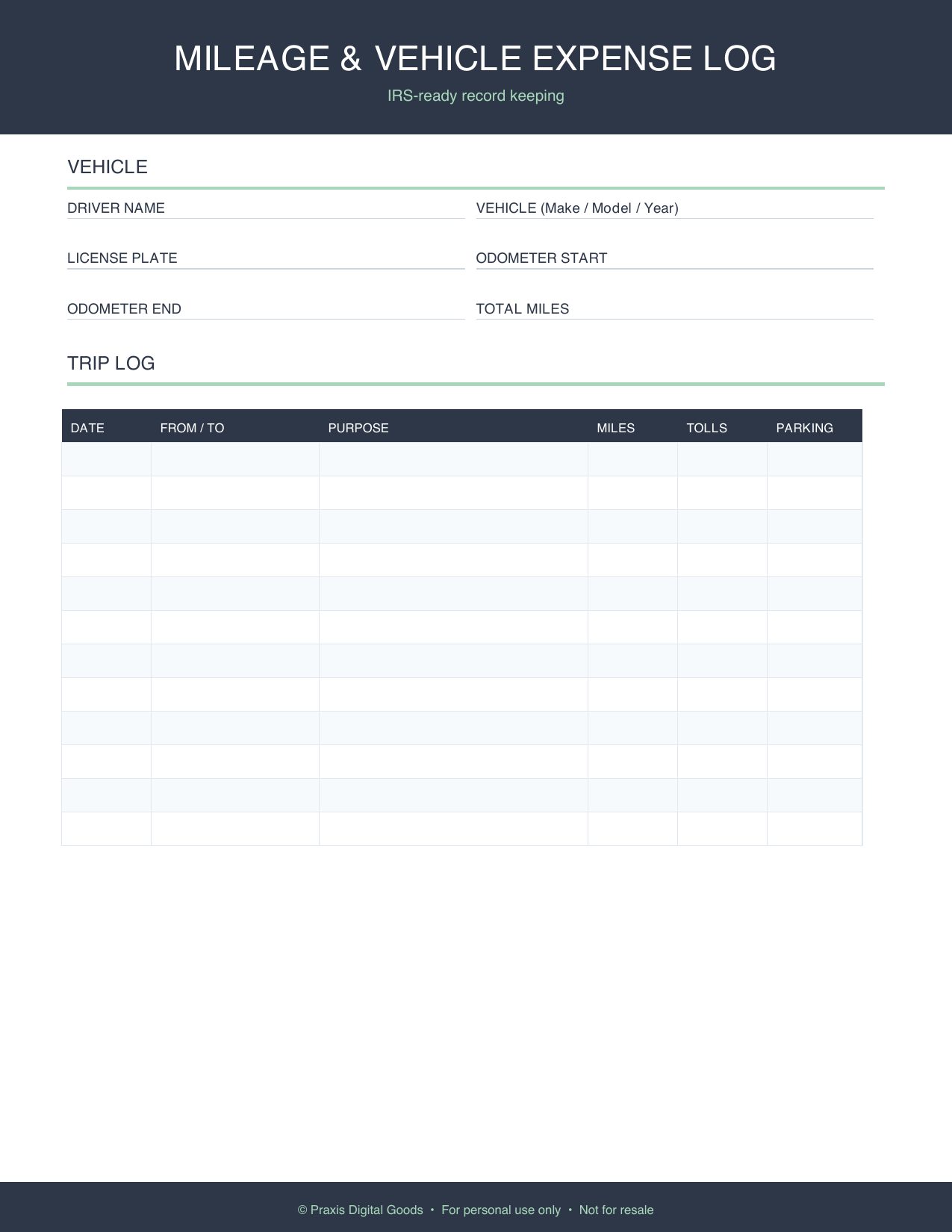 Mileage Log and Vehicle Expense Tracker Printable