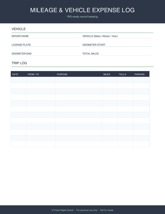 Mileage Log and Vehicle Expense Tracker Printable