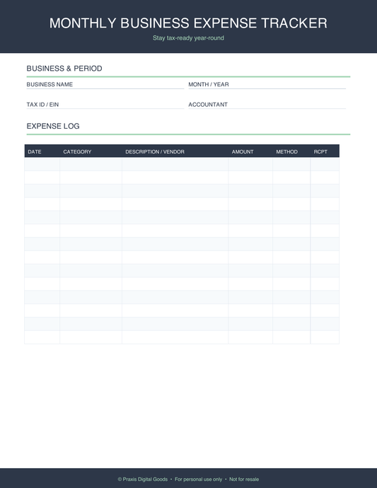 Monthly Business Expense Tracker Printable Template