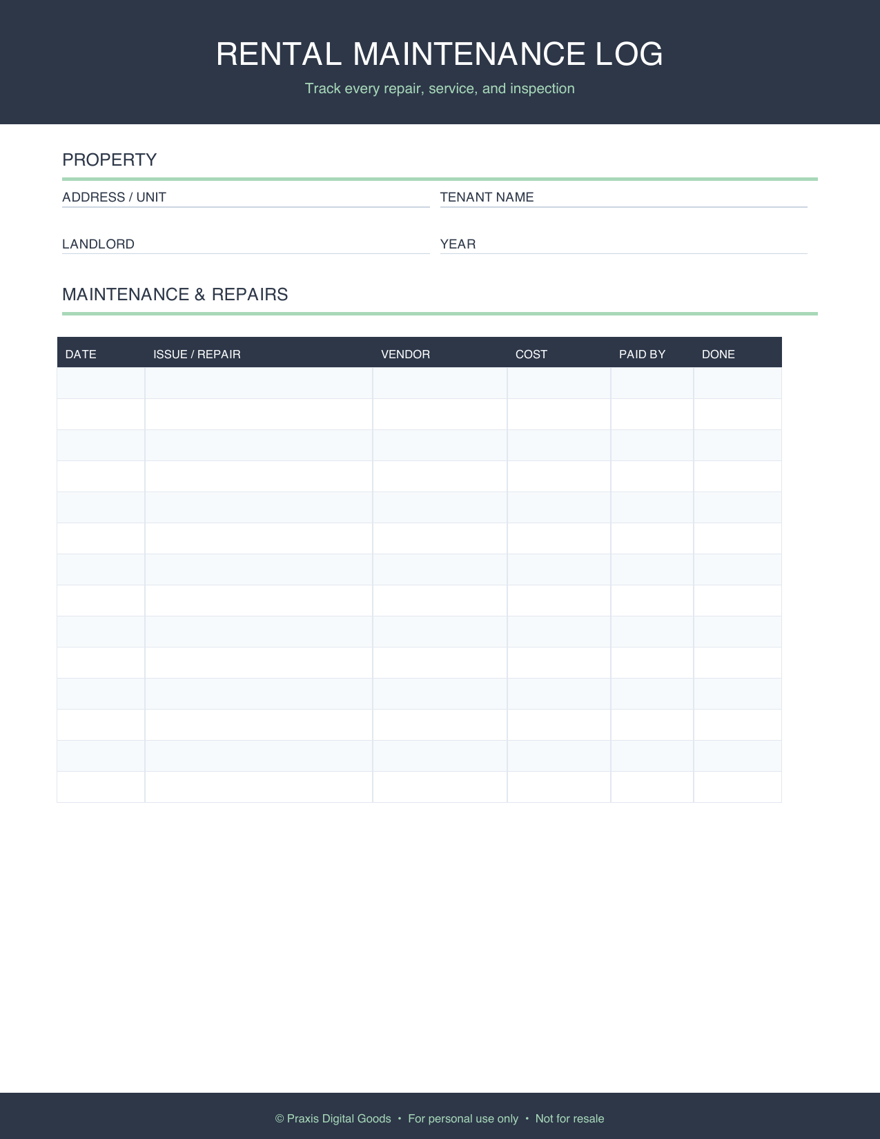 Rental Property Maintenance Log Printable Template