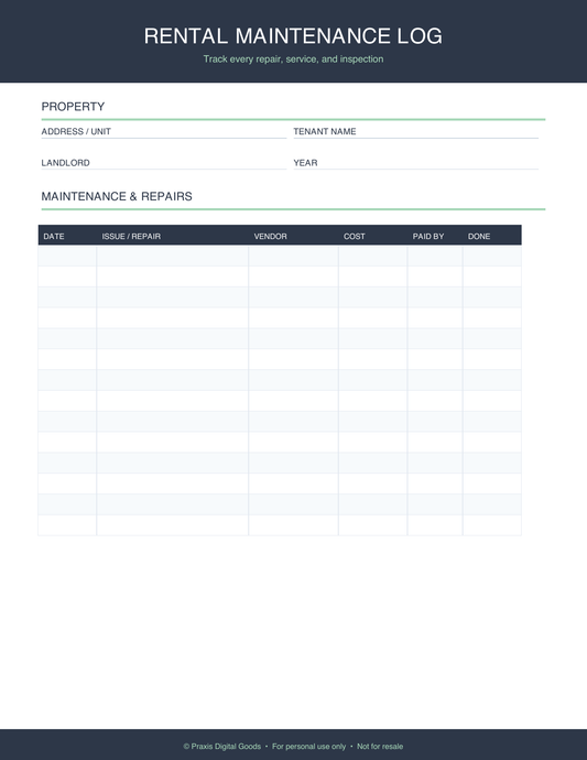 Rental Property Maintenance Log Printable Template