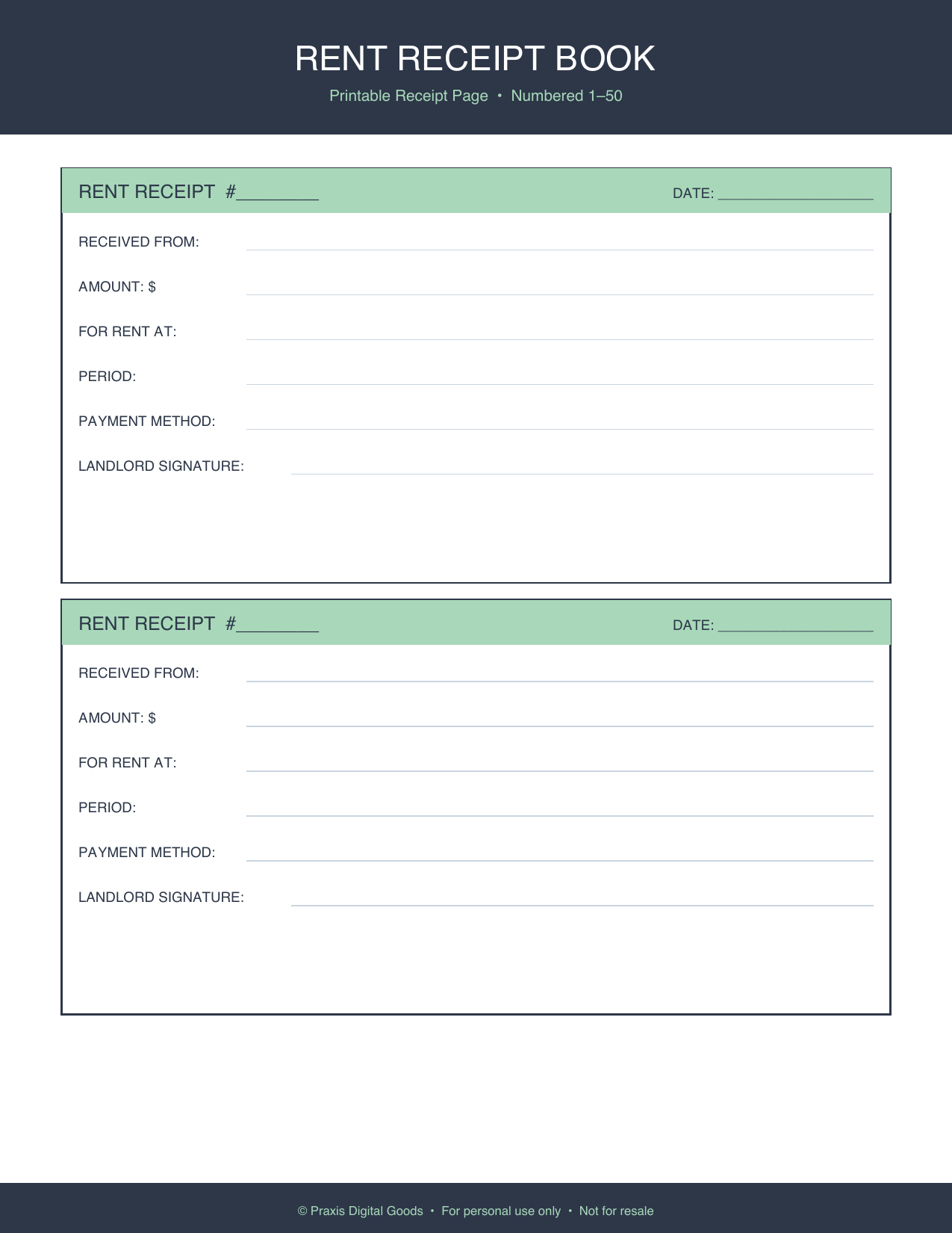 Rent Receipt Book Template Printable 50 Receipts
