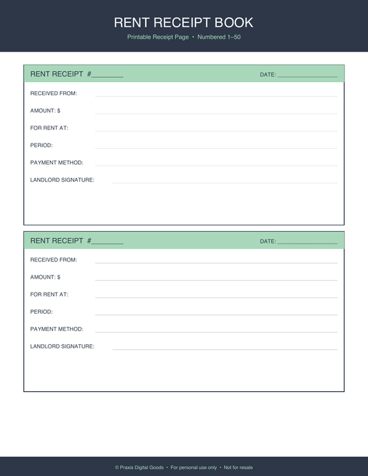 Rent Receipt Book Template Printable 50 Receipts