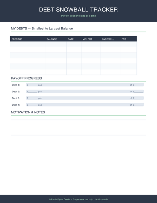 Debt Snowball Tracker Printable Workbook