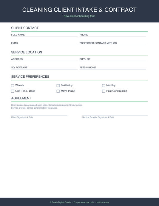Cleaning Business Client Intake and Contract Form Bundle
