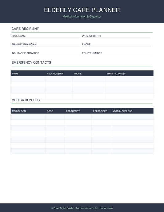 Elderly Care Planner Printable Medical Organizer