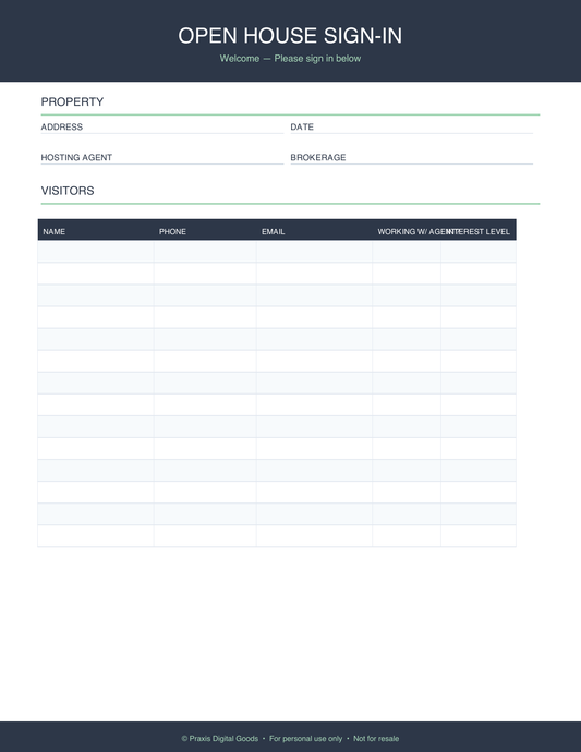 Open House Visitor Sign-In Sheet Printable