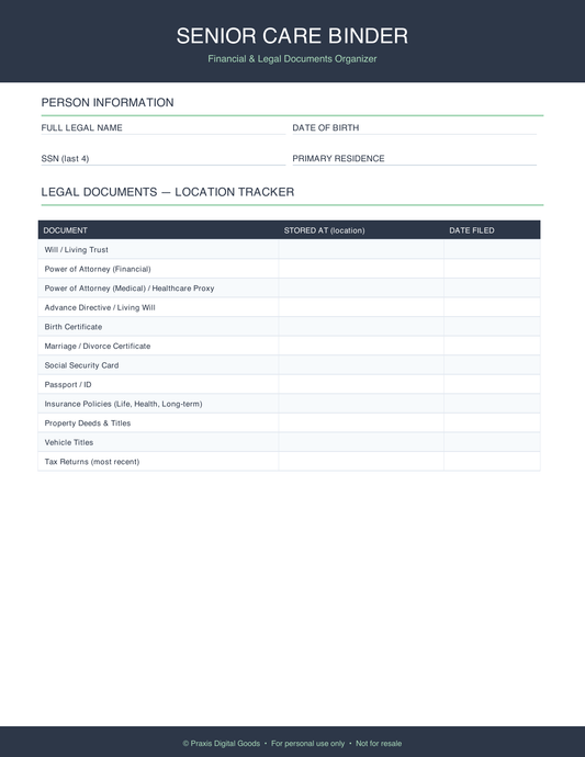 Printable Senior Care Binder Financial Legal Documents