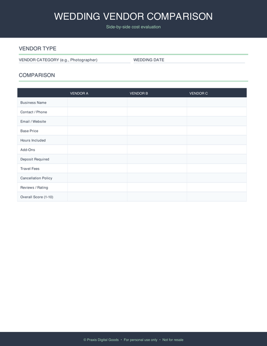 Wedding Vendor Cost Comparison Printable Spreadsheet