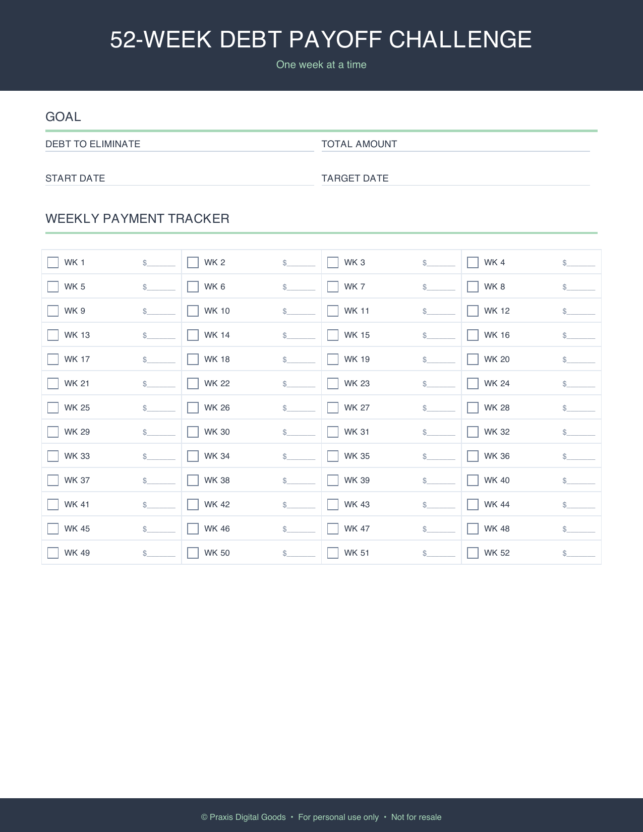 52-Week Debt Payoff Challenge Printable Template