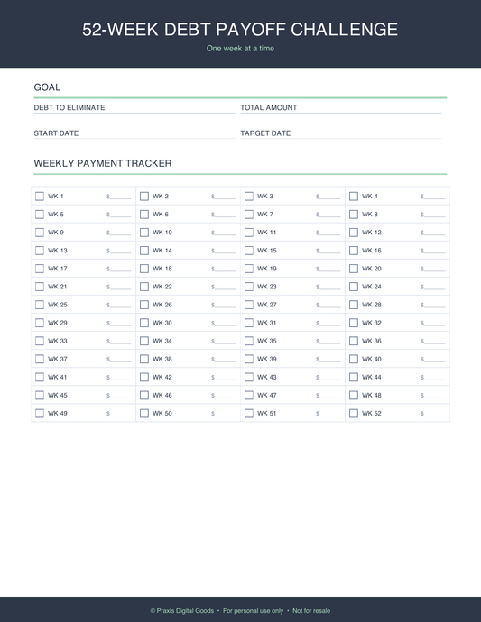 52-Week Debt Payoff Challenge Printable Template