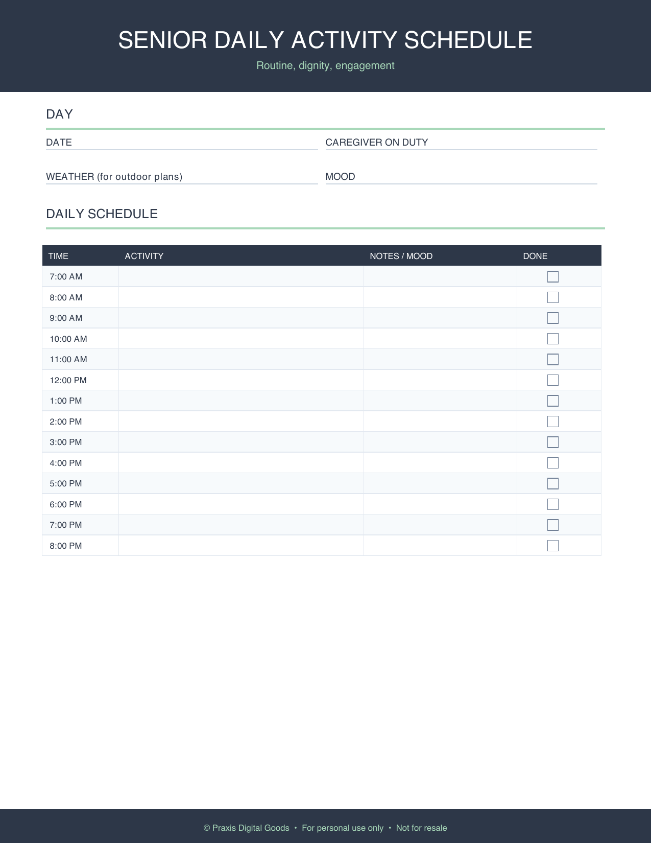 Senior Daily Activity Schedule Printable Template