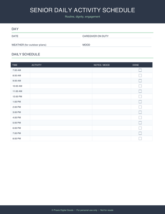 Senior Daily Activity Schedule Printable Template