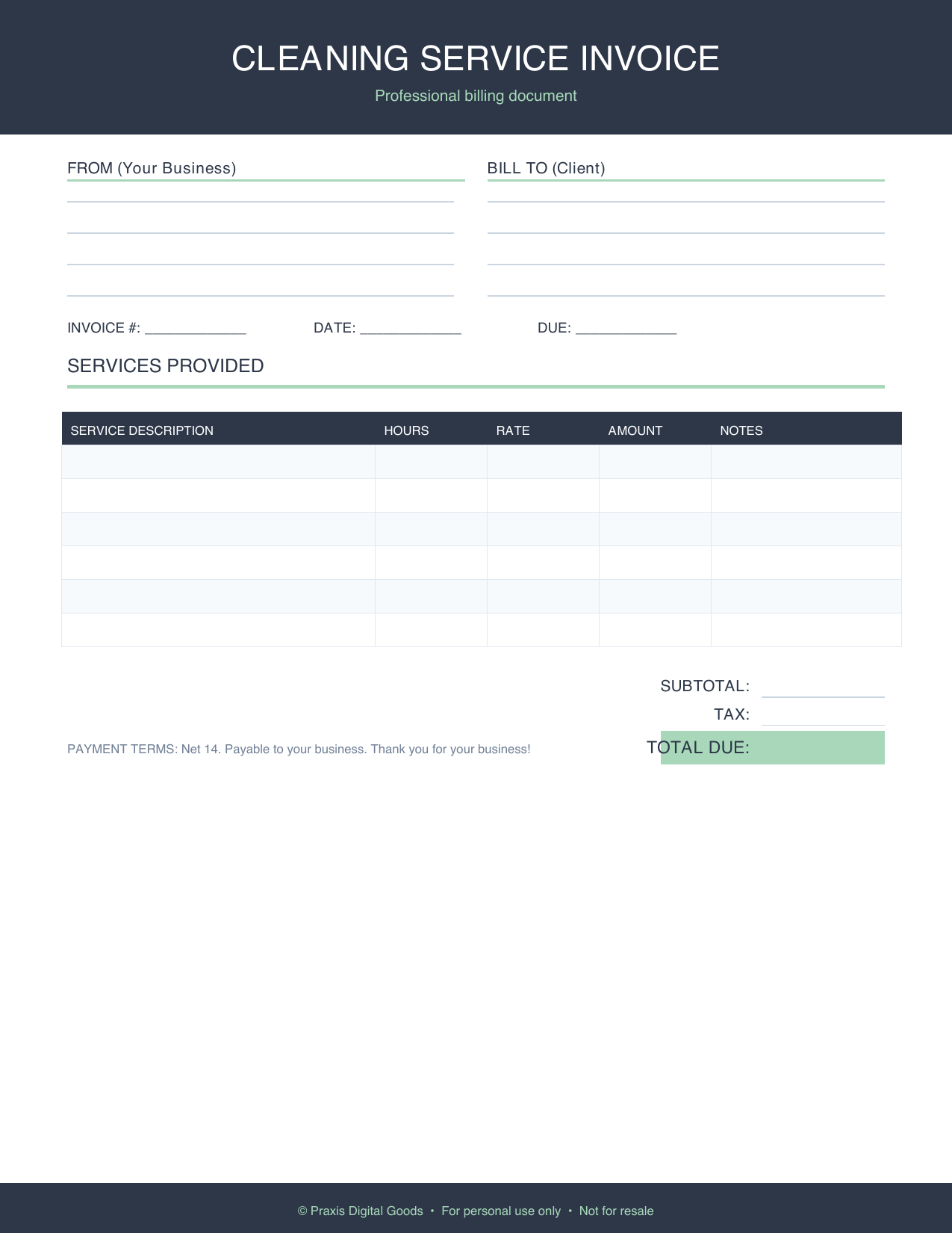 Professional Cleaning Service Invoice Template Printable