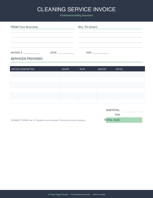 Professional Cleaning Service Invoice Template Printable