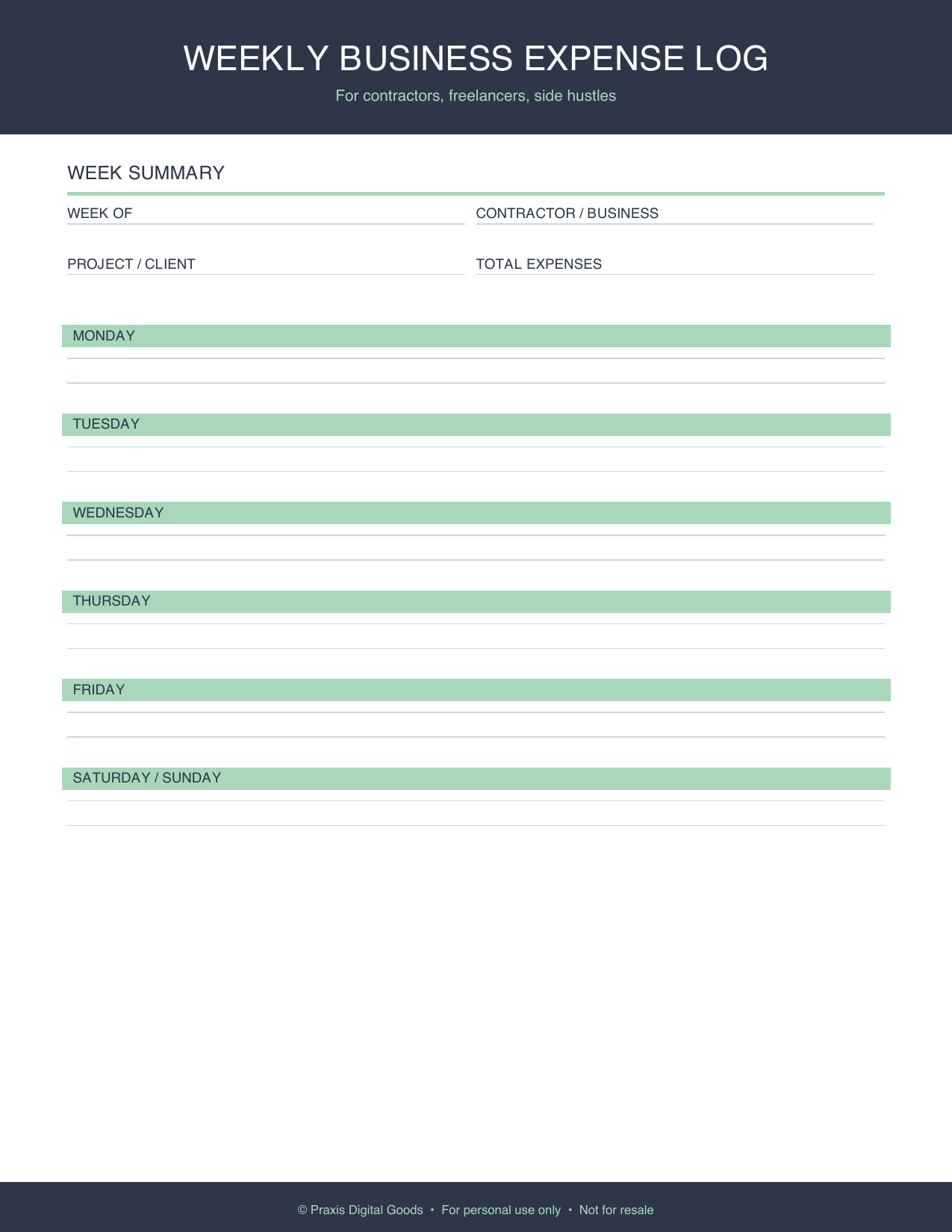 Weekly Business Expense Log Printable for Contractors