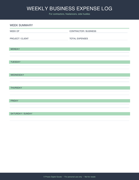Weekly Business Expense Log Printable for Contractors